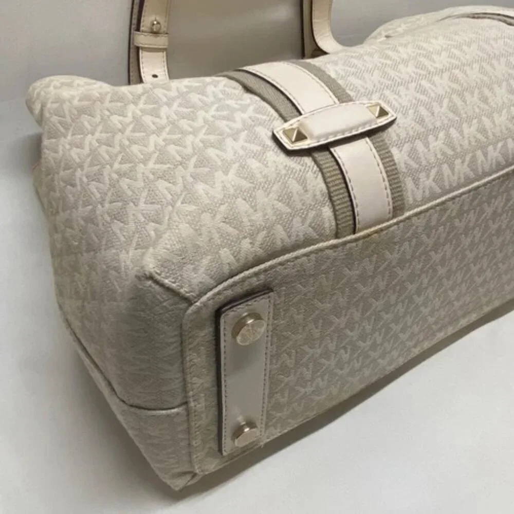 Michael Kors Griffin Large Logo‎ Tote Natural Jacqard Canvas Leather Trim GUC